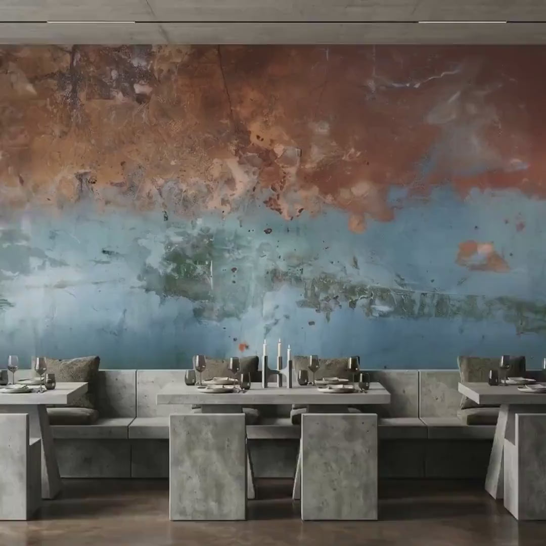 Abstract Industrial Wall Mural, Weathered Copper Blue Art, Rustic Concrete Decor