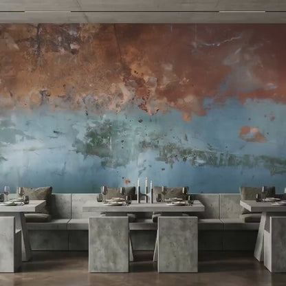 Abstract Industrial Wall Mural, Weathered Copper Blue Art, Rustic Concrete Decor