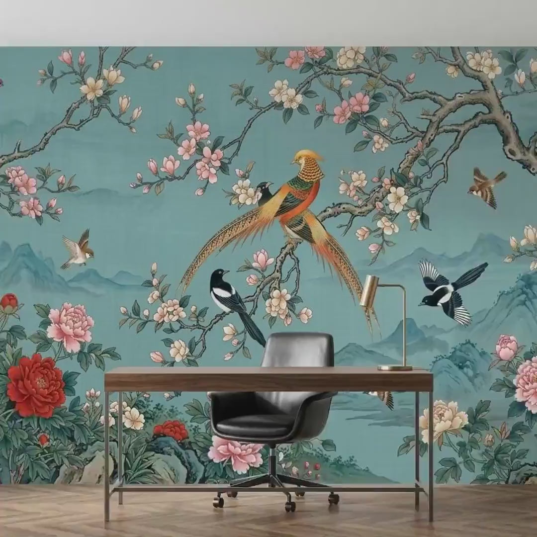 Chinoiserie Birds and Peonies Wallpaper Mural, Teal Oriental Art Accent