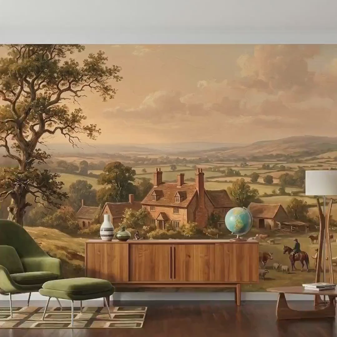 Vintage Landscape Wallpaper Mural, Pastoral Countryside Oil Painting, Farmhouse Wall Decor