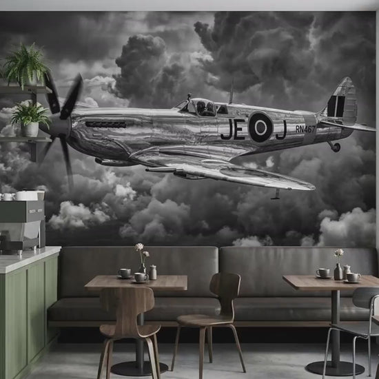 Plane Wall Mural Vintage WWII Spitfire Fighter Black and White Aviation Art