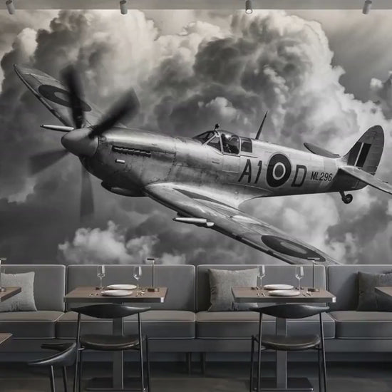 Vintage Spitfire Airplane Mural, Monochrome Warbird Wall Art (Digital Download)