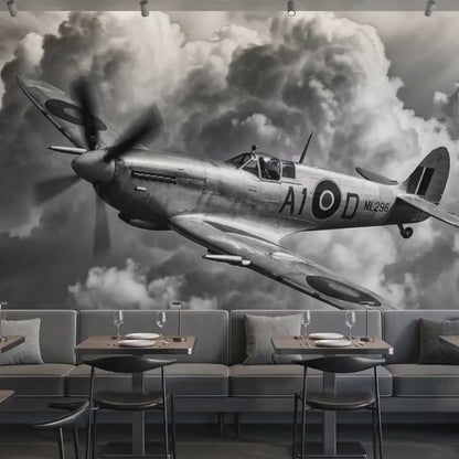 Vintage Spitfire Airplane Mural, Monochrome Warbird Wall Art (Digital Download)