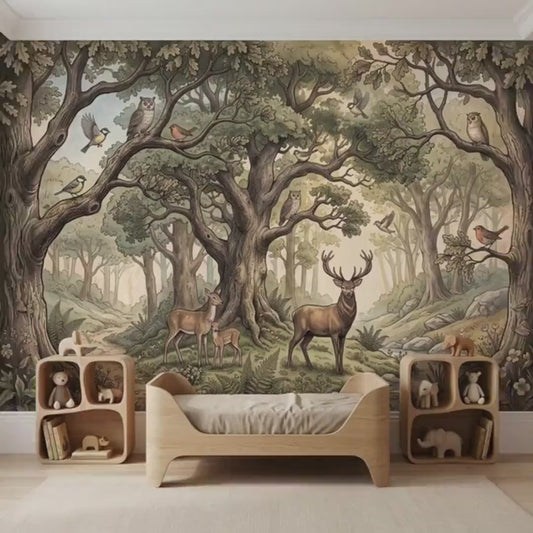Enchanted Woodland Forest Wallpaper Mural, Vintage Style Oak Tree, Nursery Wall Decor