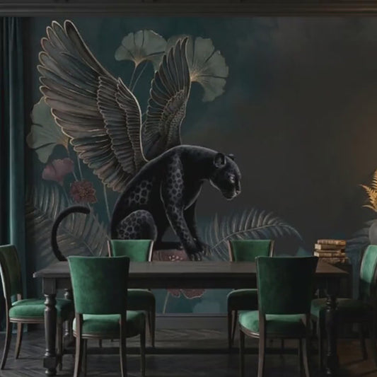 Winged Panther Dark Botanical Jungle Wallpaper Mural, Maximalist Teal Gold Accent Wall