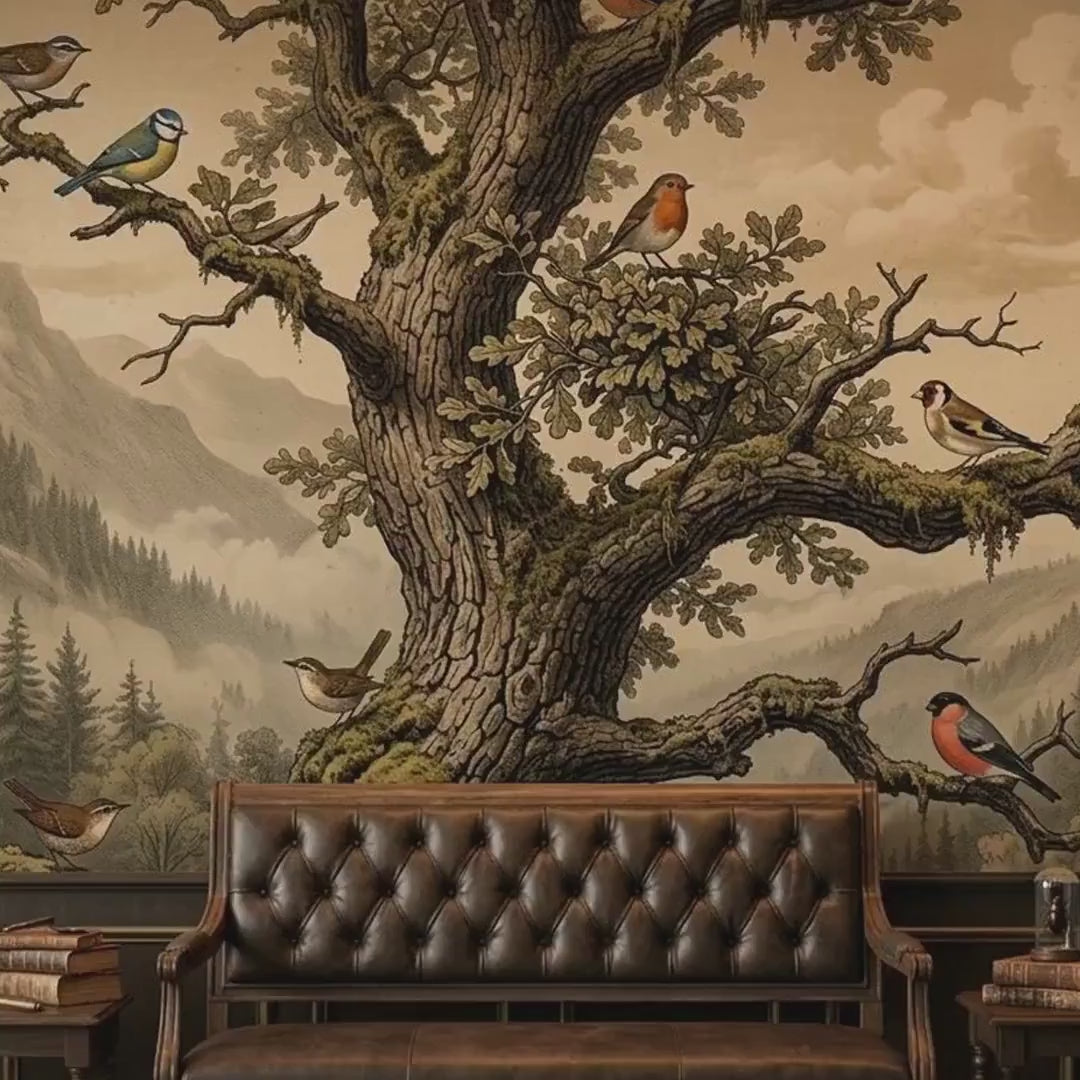 Vintage Woodland Etching Tree Wall Mural, Dark Academia Forest Wallpaper (Custom Sizing)