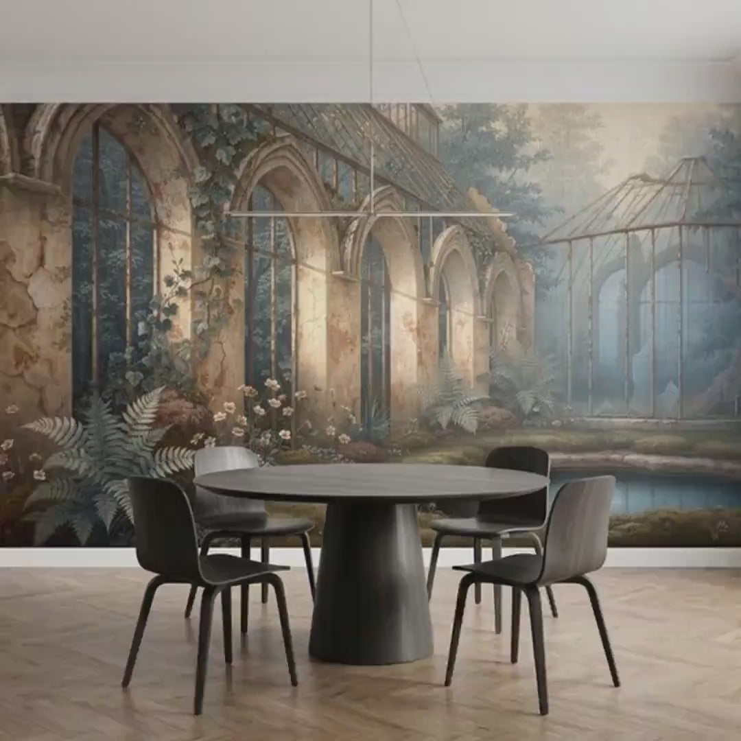 Vintage Greenhouse Wallpaper Mural, Moody Botanical Conservatory, Dark Academia Decor