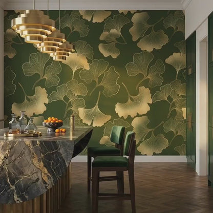 Gold Ginkgo Leaf Art Deco Wallpaper, Dark Forest Green Botanical Mural, Luxury Nature Accent Wall