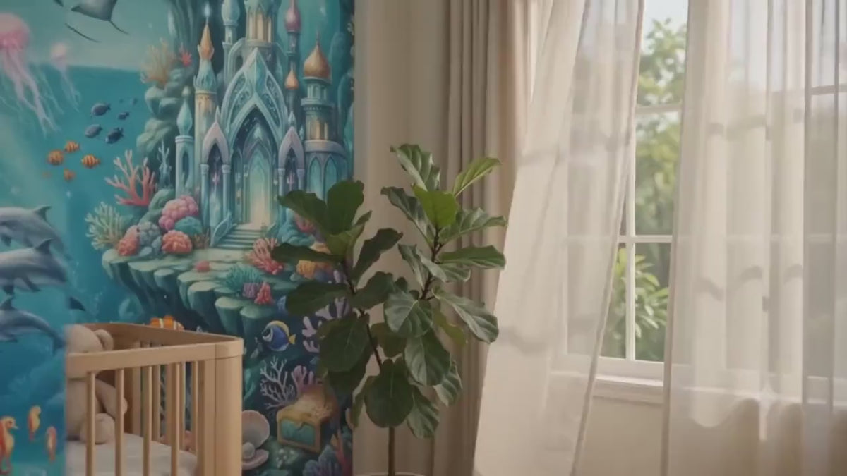 Magical Underwater Castle Wall Mural, Ocean Sea Life Nursery Decor