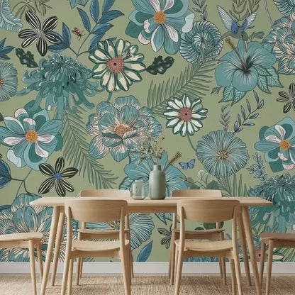 Sage Green Botanical Wallpaper Mural, Vintage Hummingbird Floral Wall Art (Peel & Stick)