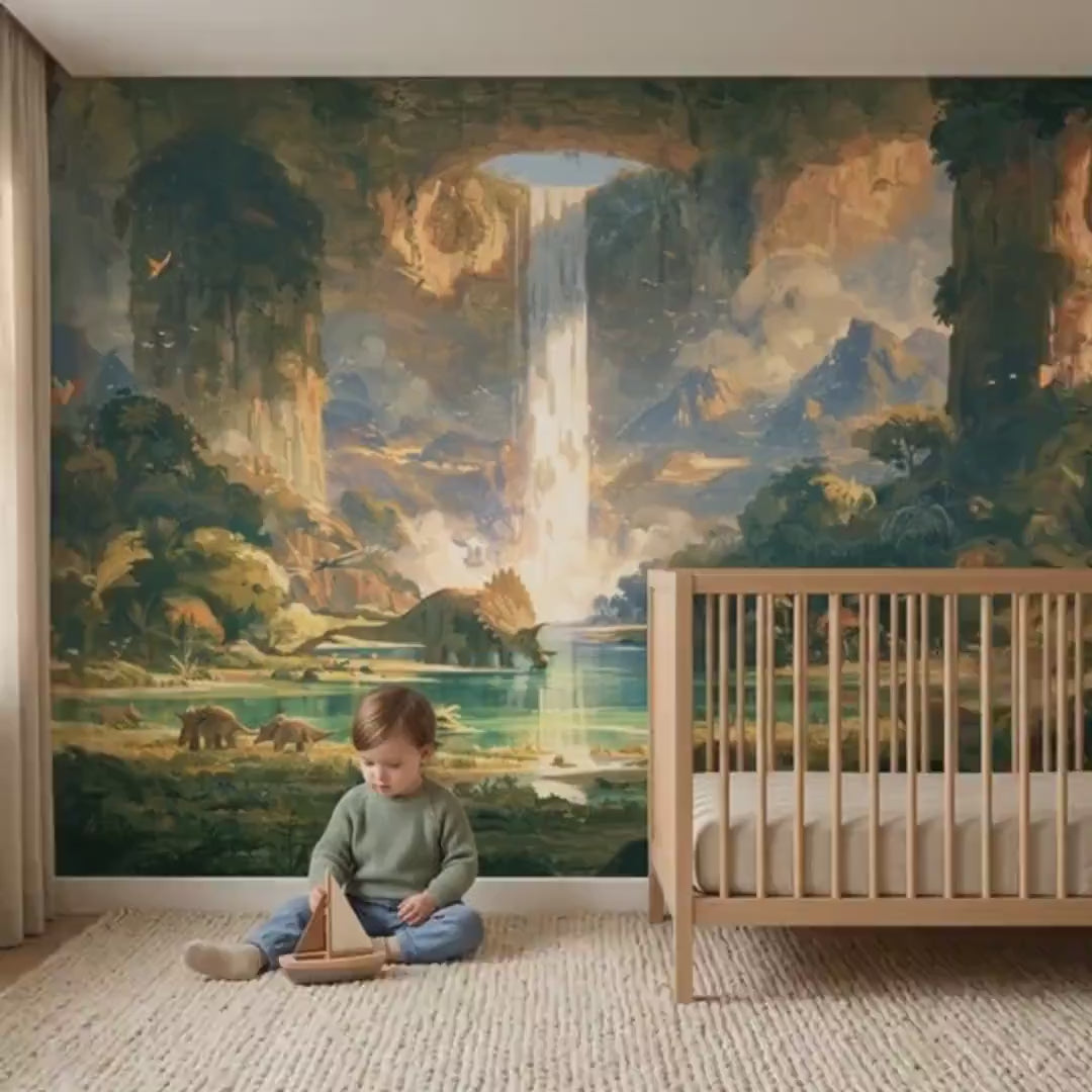 Painterly Dinosaur Jungle Waterfall Mural, Epic Prehistoric Nursery Wall Decor