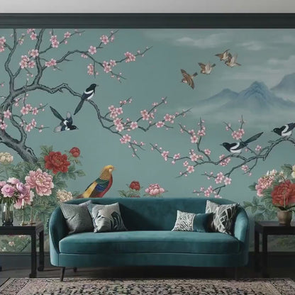 Chinoiserie Teal Wall Mural, Birds, Blossoms, Mountains (Large Scale)