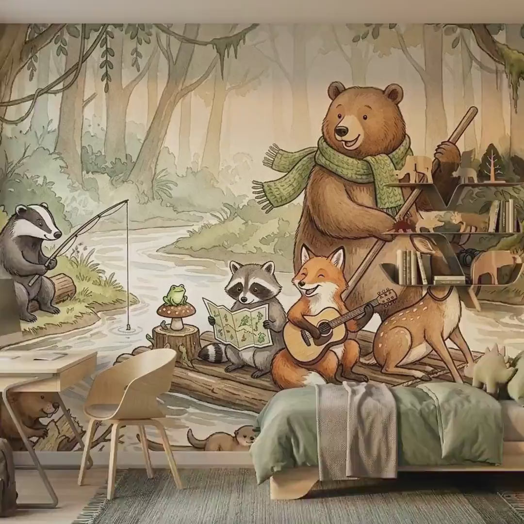Watercolor Forest Animal Mural, Sage Green Nursery Wall Decor (Peel & Stick)