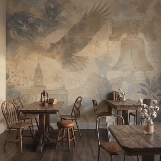 Vintage American Eagle Liberty Bell Mural, Rustic Independence Hall Wall Decor