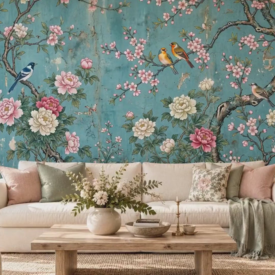 Teal Chinoiserie Floral Bird Mural Wallpaper, Asian Inspired Botanical Peel & Stick (Ready to Use)