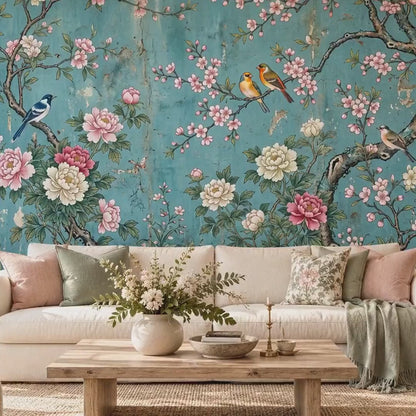 Teal Chinoiserie Floral Bird Mural Wallpaper, Asian Inspired Botanical Peel & Stick (Ready to Use)