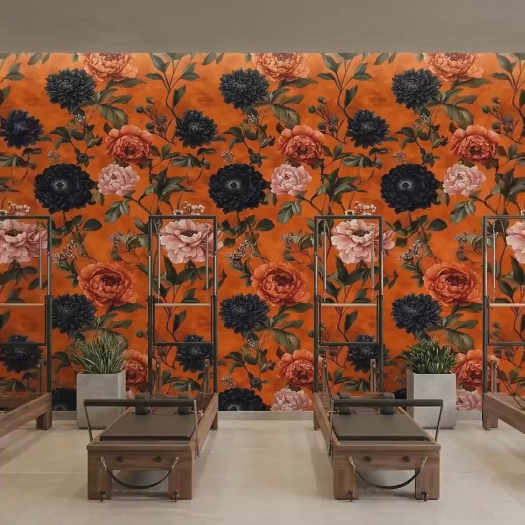 Moody Burnt Orange Peony Floral Wallpaper, Maximalist Botanical Accent Wall (Digital Download)