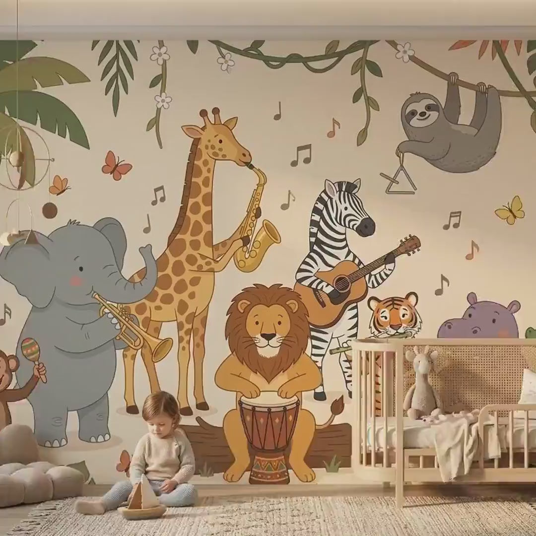Jungle Animal Orchestra Wallpaper Mural, Safari Nursery, Musical Kids Room Decor