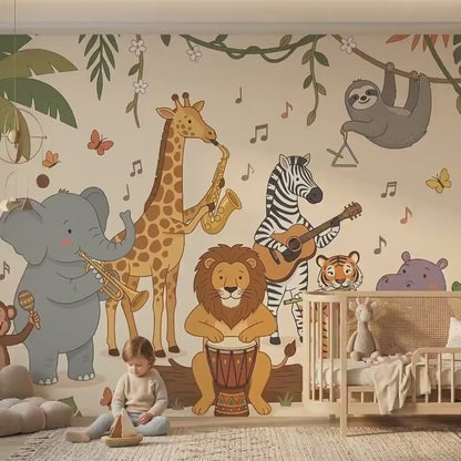 Jungle Animal Orchestra Wallpaper Mural, Safari Nursery, Musical Kids Room Decor