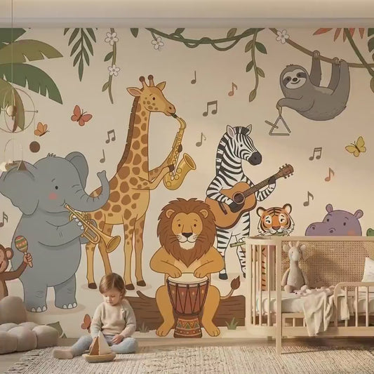 Jungle Animal Orchestra Wallpaper Mural, Safari Nursery, Musical Kids Room Decor