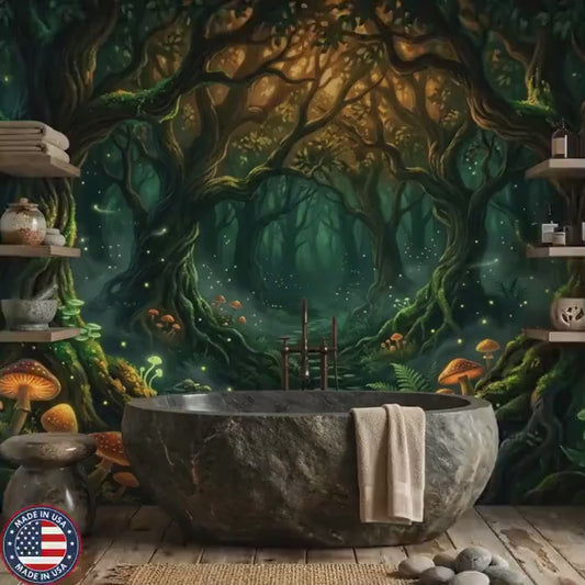 Enchanted Forest Mural | Dark Cottagecore Fairy Garden Wallpaper, Mushroom Art (Made to Measure)