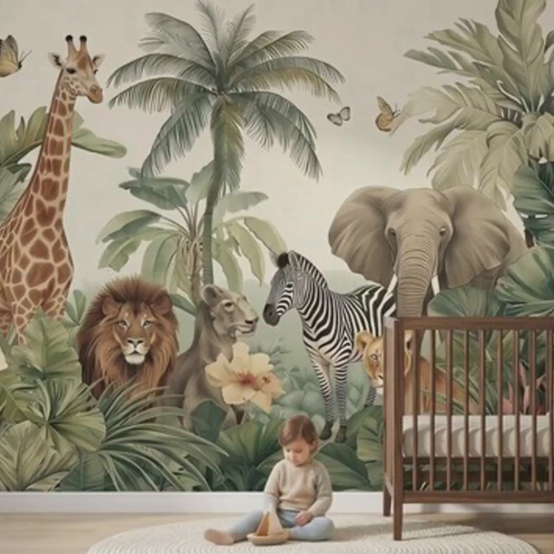 Safari Jungle Animals Nursery Wallpaper Mural, Neutral Tropical Nature Accent Wall Decor