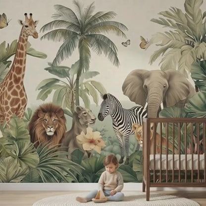 Safari Jungle Animals Nursery Wallpaper Mural, Neutral Tropical Nature Accent Wall Decor