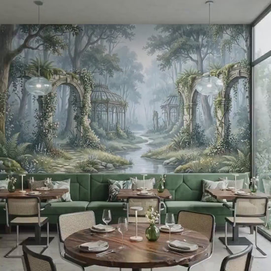 Enchanted Forest Ruins Mural, Whimsical Nature Wall Art in Sage Green