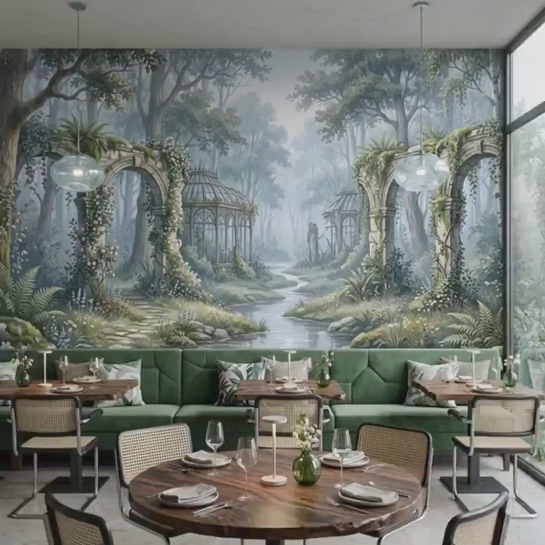 Enchanted Forest Ruins Mural, Whimsical Nature Wall Art in Sage Green
