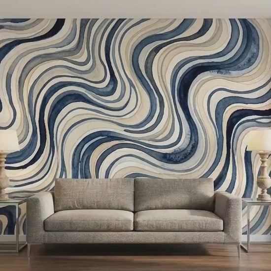 Blue Abstract Wavy Watercolor Wallpaper, Modern Coastal Peel and Stick Mural