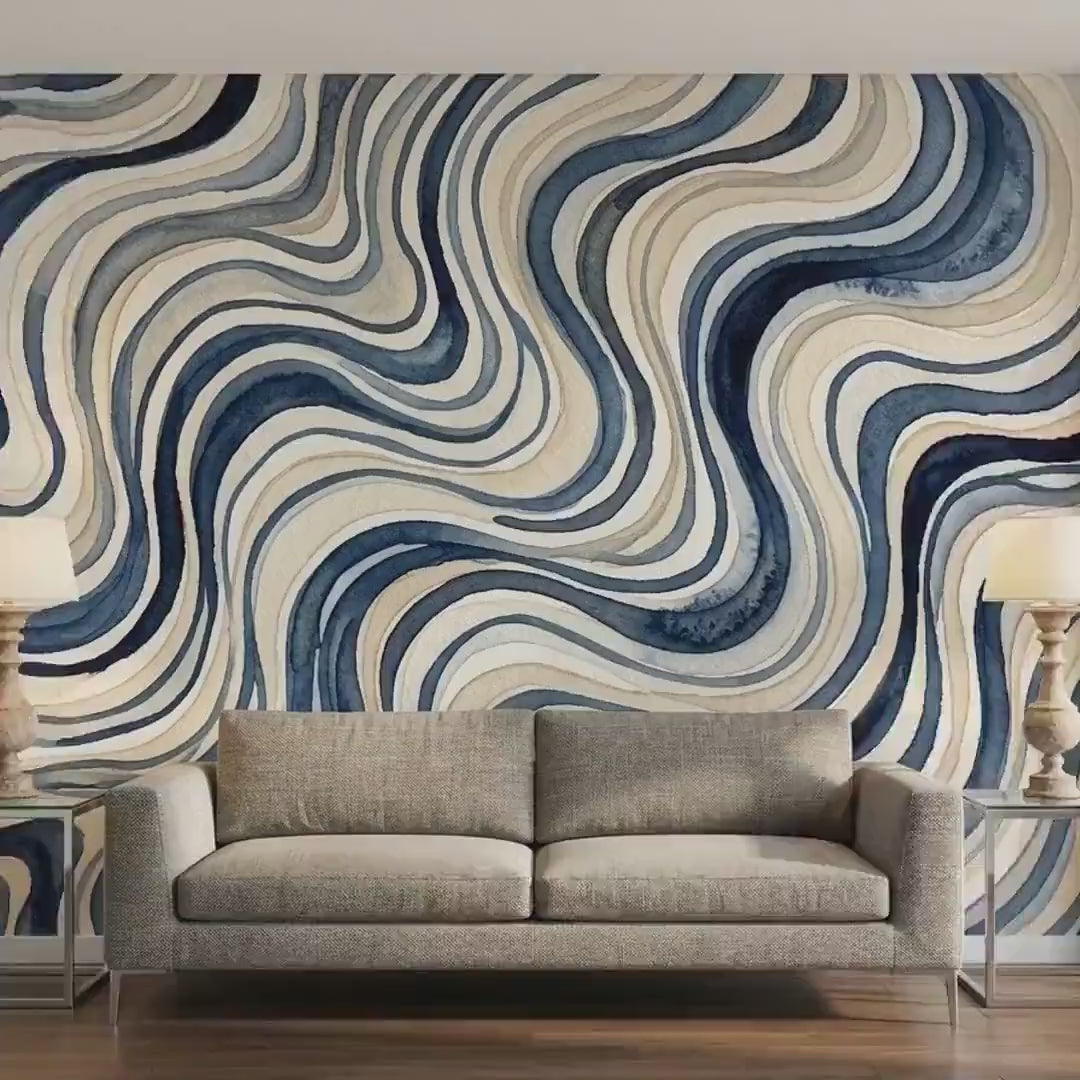 Blue Abstract Wavy Watercolor Wallpaper, Modern Coastal Peel and Stick Mural