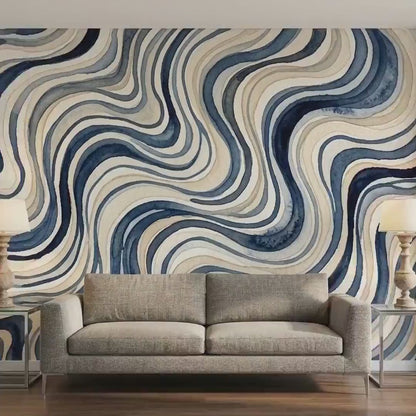 Blue Abstract Wavy Watercolor Wallpaper, Modern Coastal Peel and Stick Mural