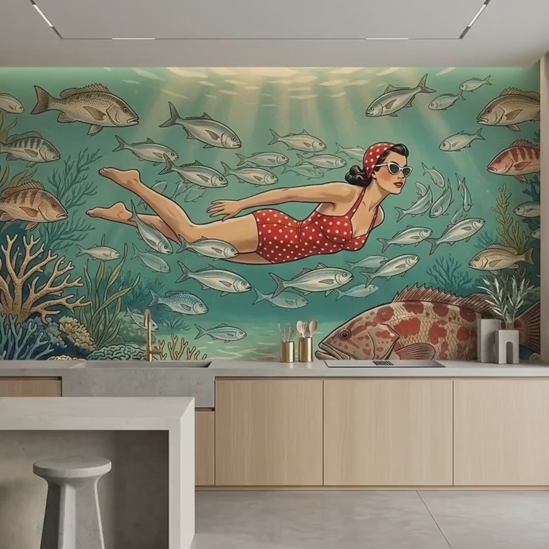 Vintage Diver Underwater Wallpaper, Mid-Century Modern Coastal Art