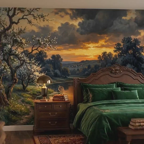 Vintage Oil Painting Landscape Mural, Dark Academic Nature Wallpaper (Custom Sizing)