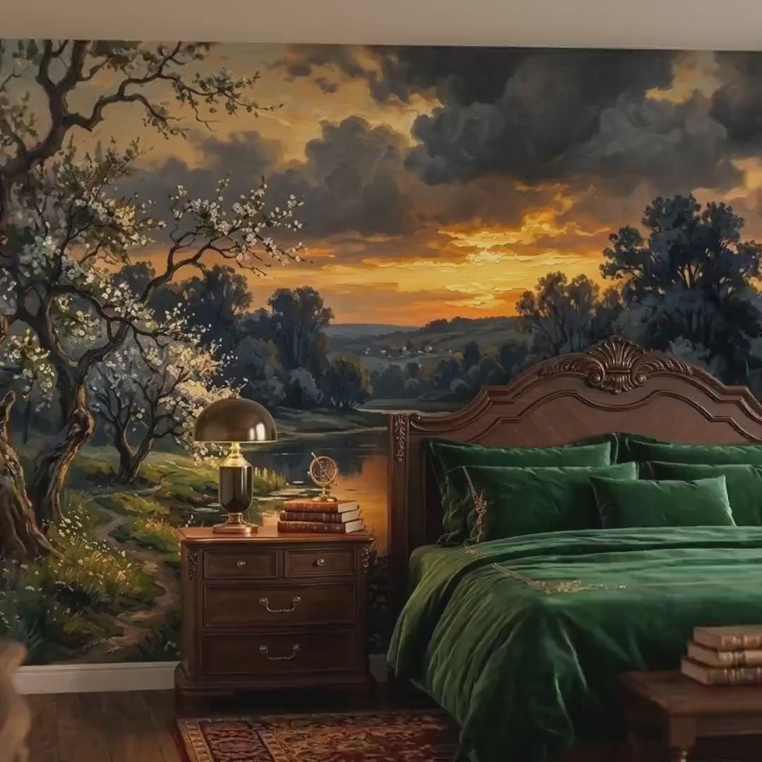 Vintage Oil Painting Landscape Mural, Dark Academic Nature Wallpaper (Custom Sizing)