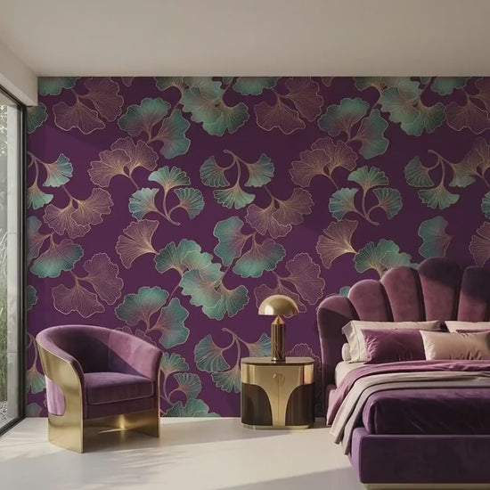 Art Deco Ginkgo Leaf Wallpaper Purple Gold Botanical Mural, Elegant Dark Floral Wall Decor, Luxury Bedroom Accent, Peel and Stick Paper