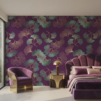 Art Deco Ginkgo Leaf Wallpaper Purple Gold Botanical Mural, Elegant Dark Floral Wall Decor, Luxury Bedroom Accent, Peel and Stick Paper