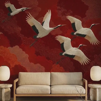 Japanese Crane Red Wallpaper Mural, Chinoiserie Living Room Art (Custom Sizing)