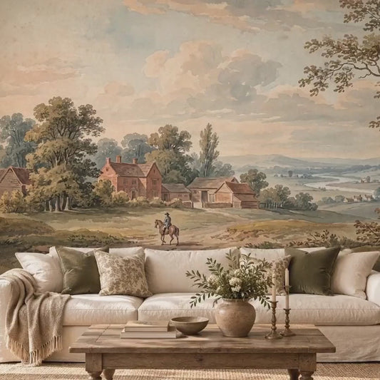 English Countryside Landscape Wallpaper Mural, Antique Oil Painting Style, Rustic Farmhouse Decor