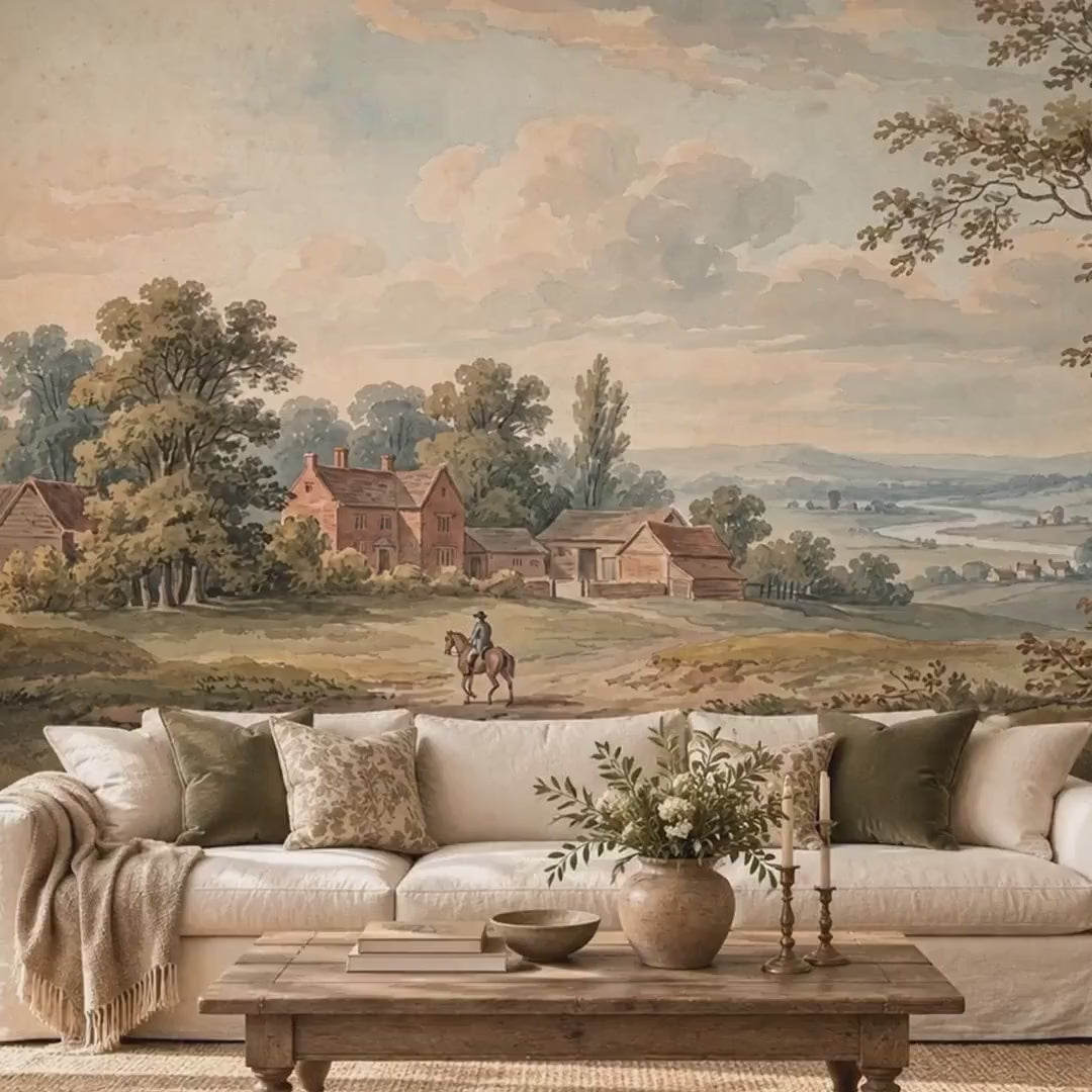 English Countryside Landscape Wallpaper Mural, Antique Oil Painting Style, Rustic Farmhouse Decor