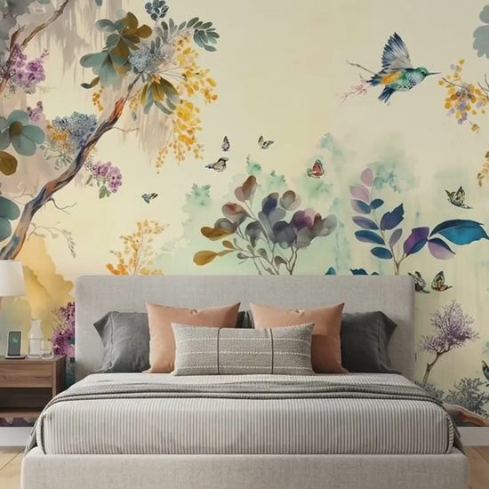 Watercolor Botanical Bird Mural Wallpaper, Chinoiserie Nature Art (Custom Sizing)
