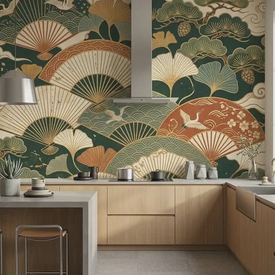Japanese Fan Wallpaper Mural, Dark Green Crane Gingko Leaf (Custom Sizing)
