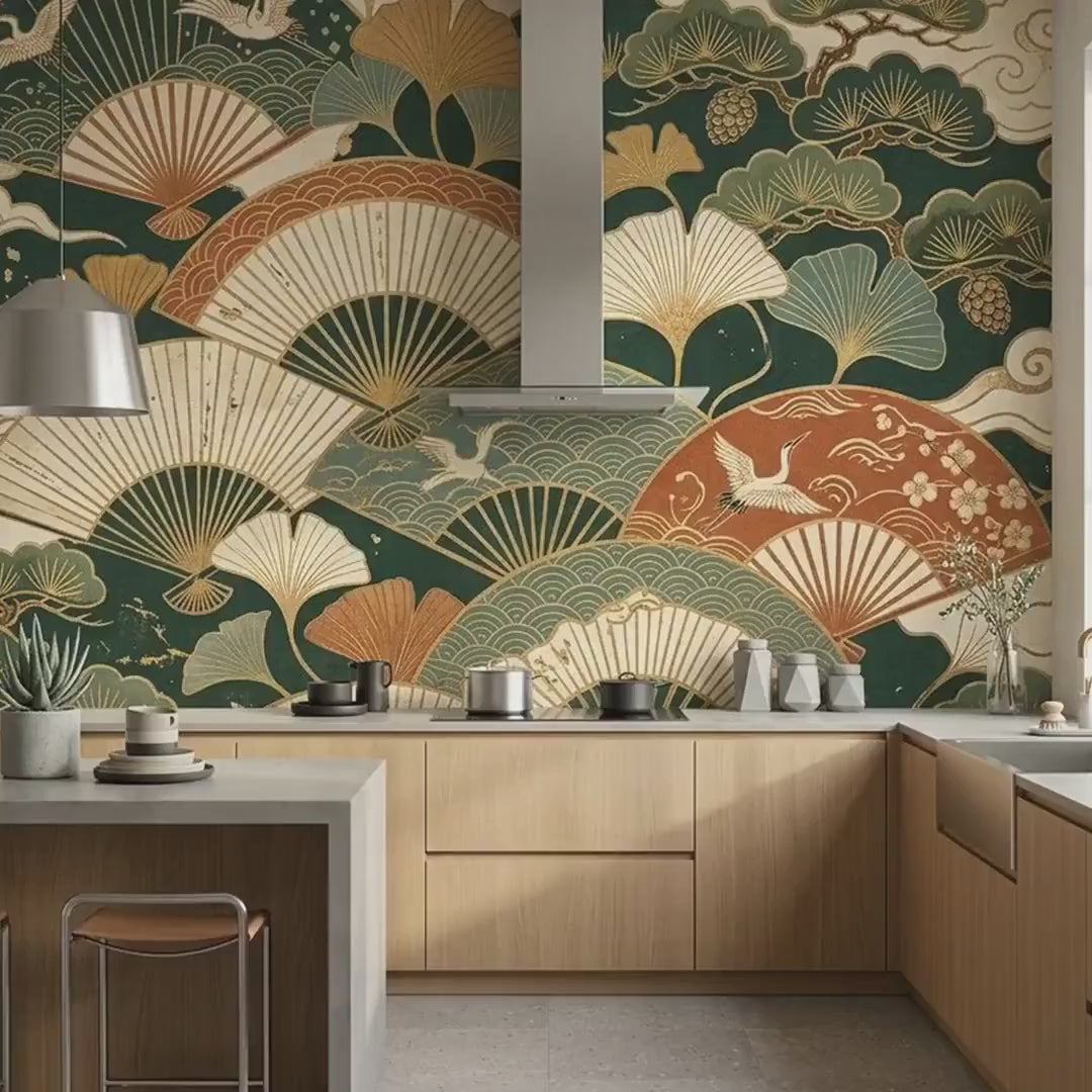 Japanese Fan Wallpaper Mural, Dark Green Crane Gingko Leaf (Custom Sizing)