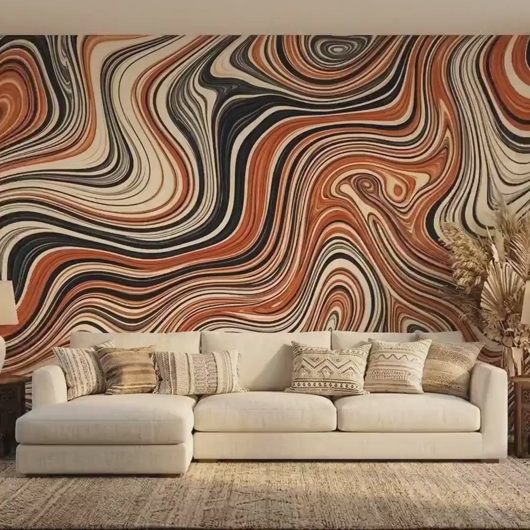 Abstract Liquid Swirl Terracotta Wall Mural, Earthy Boho Decor (Peel & Stick)
