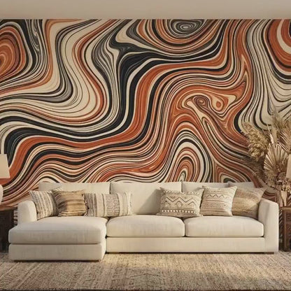 Abstract Liquid Swirl Terracotta Wall Mural, Earthy Boho Decor (Peel & Stick)