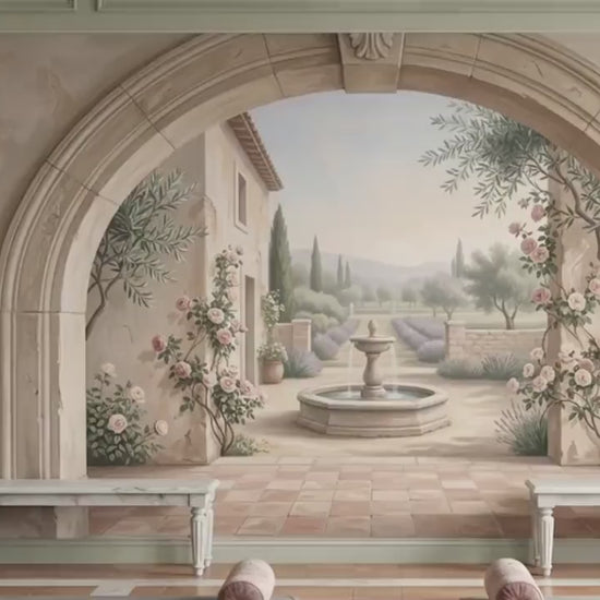 Tuscan Garden Mural, Mediterranean Courtyard Wallpaper, Italian Villa Scene, French Country Wall Art