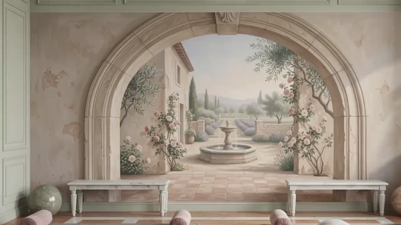 Tuscan Garden Mural, Mediterranean Courtyard Wallpaper, Italian Villa Scene, French Country Wall Art