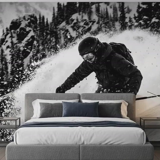 Black and White Skiing Wall Mural, Modern Mountain Action Sports Wallpaper