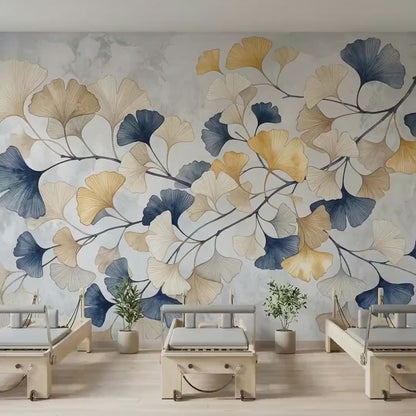 Gold Ginkgo Leaf Japandi Wallpaper Mural, Textured Botanical Wall Art