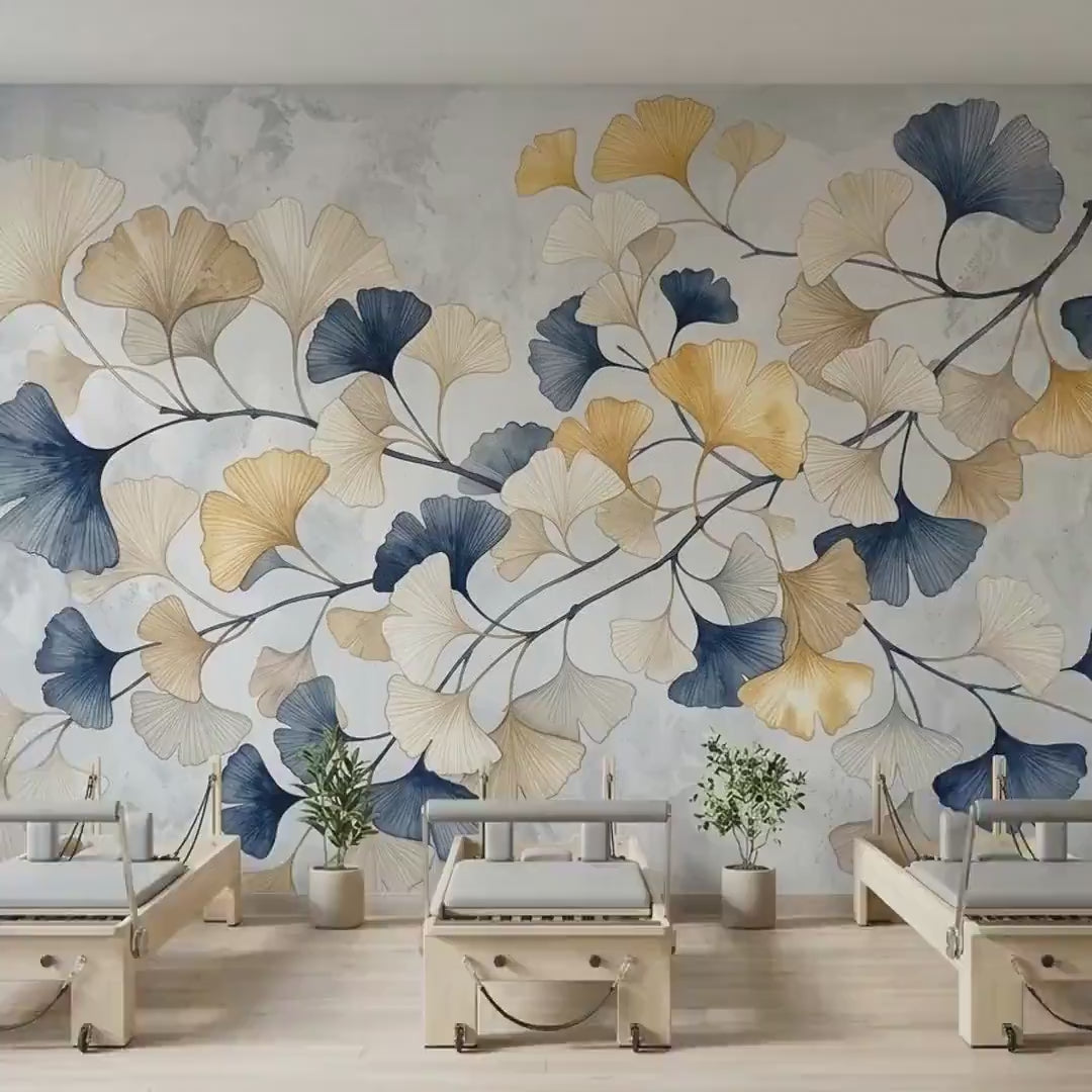 Gold Ginkgo Leaf Japandi Wallpaper Mural, Textured Botanical Wall Art